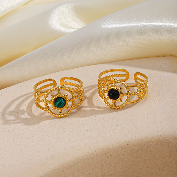 Stainless Steel Ring Geometric Style Malachite Turquoise Obsidian Inlaid Electroplated For Women