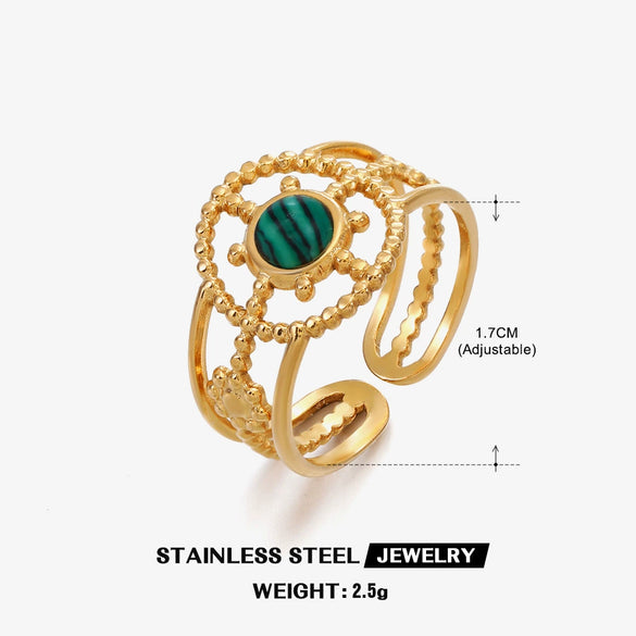 Stainless Steel Ring Geometric Style Malachite Turquoise Obsidian Inlaid Electroplated For Women