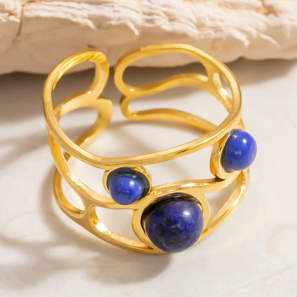 Stainless Steel Ring 18K Gold Plated Natural Stone Geometric Vintage Jewelry