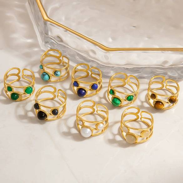 Stainless Steel Ring 18K Gold Plated Natural Stone Geometric Vintage Jewelry