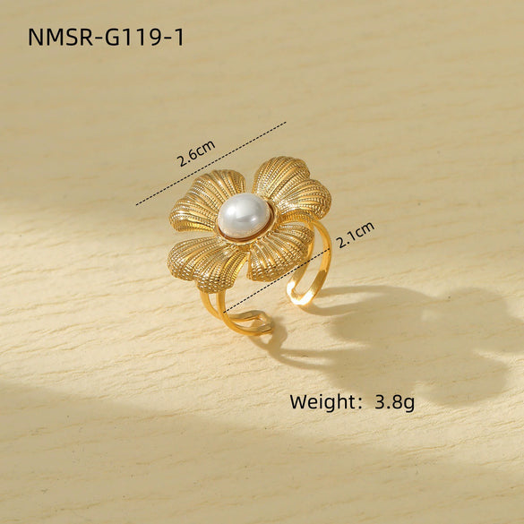 Stainless Steel Ring Light Luxury Women's Geometric Electroplated Golden Flower Pearl Design