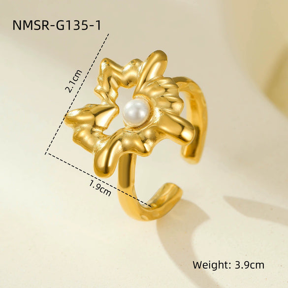 Stainless Steel Ring Light Luxury Women's Geometric Electroplated Golden Flower Pearl Design