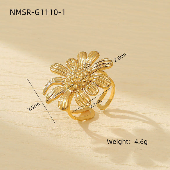 Stainless Steel Ring Light Luxury Women's Geometric Electroplated Golden Flower Pearl Design