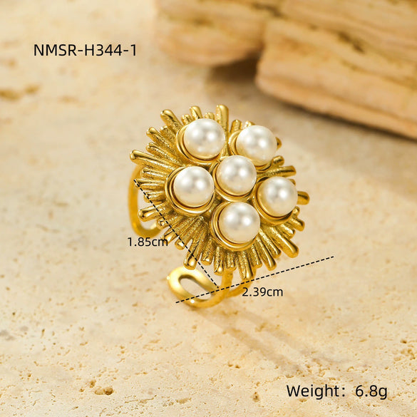 Stainless Steel Ring Light Luxury Women's Geometric Electroplated Golden Flower Pearl Design