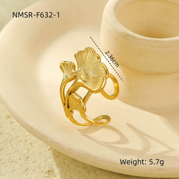 Stainless Steel Ring Light Luxury Women's Geometric Electroplated Golden Flower Pearl Design