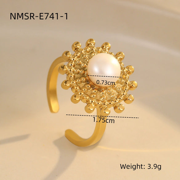 Stainless Steel Ring Light Luxury Women's Geometric Electroplated Golden Flower Pearl Design