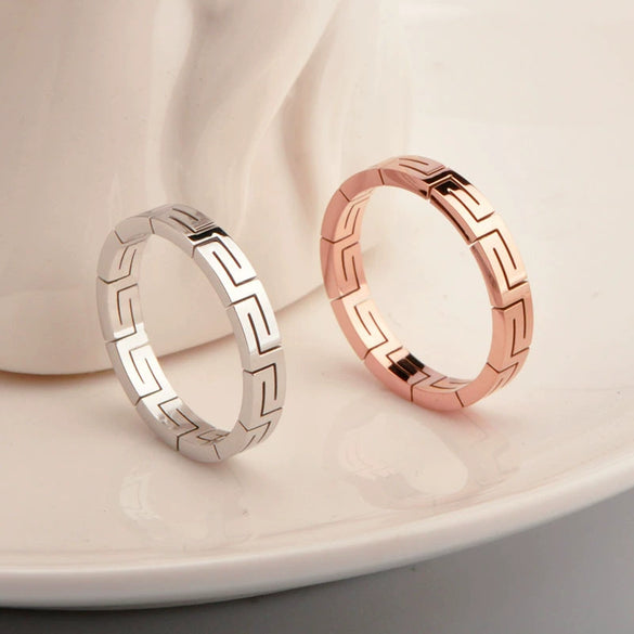 Stainless Steel Ring Wave And Flower Pattern Minimalist Couple Ring