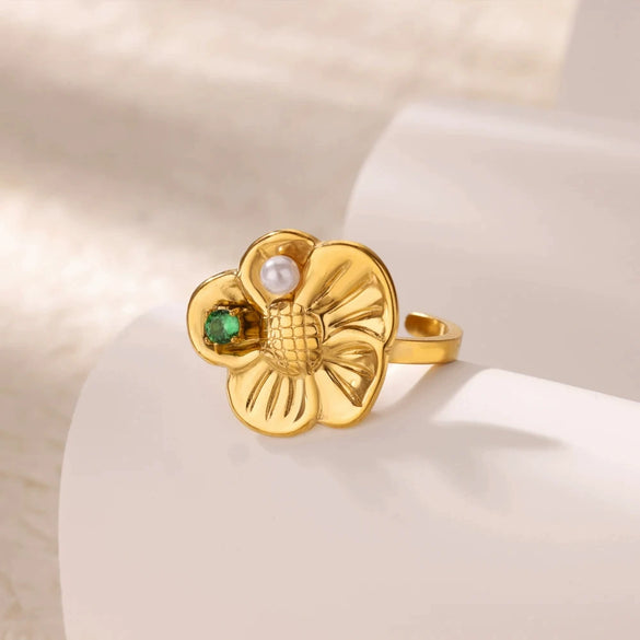 Stainless Steel Ring With Golden Flower Pearl For Women Luxury Electroplated