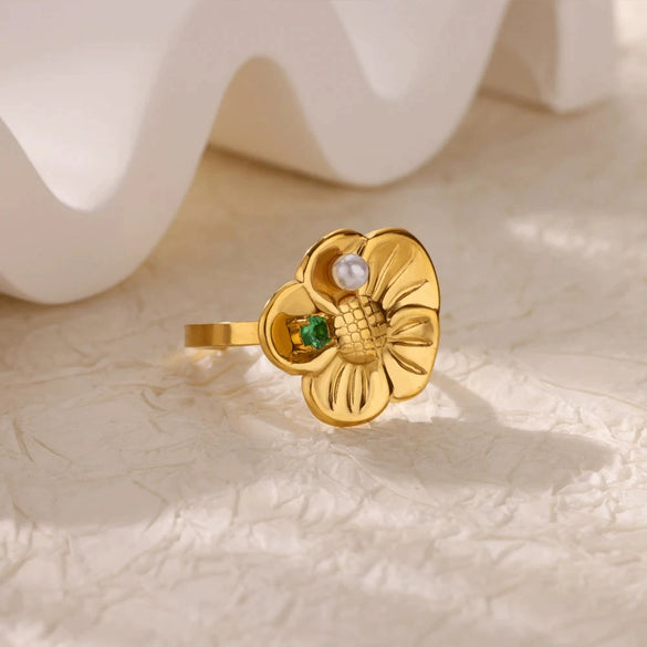 Stainless Steel Ring With Golden Flower Pearl For Women Luxury Electroplated