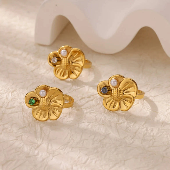Stainless Steel Ring With Golden Flower Pearl For Women Luxury Electroplated