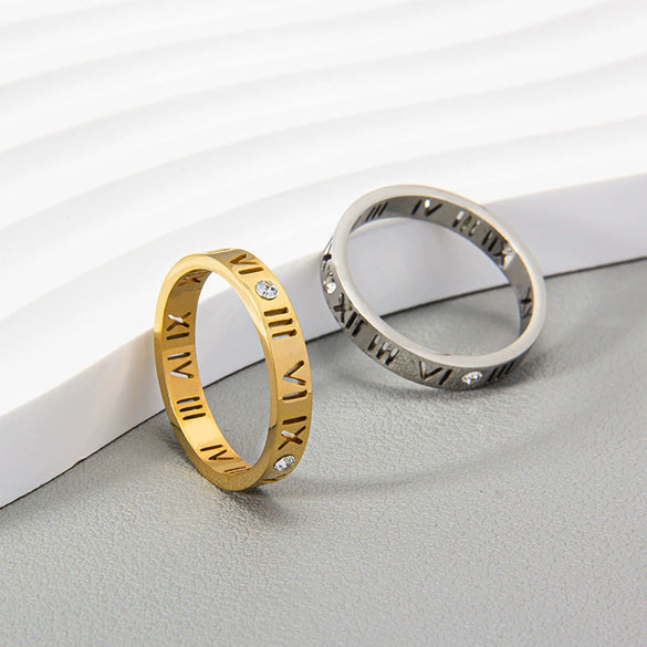 Stainless Steel Ring With Roman Digital And Letter Pattern Gold Plated Hollow For Couples