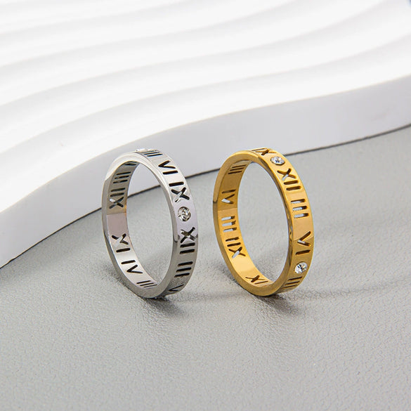 Stainless Steel Ring With Roman Digital And Letter Pattern Gold Plated Hollow For Couples