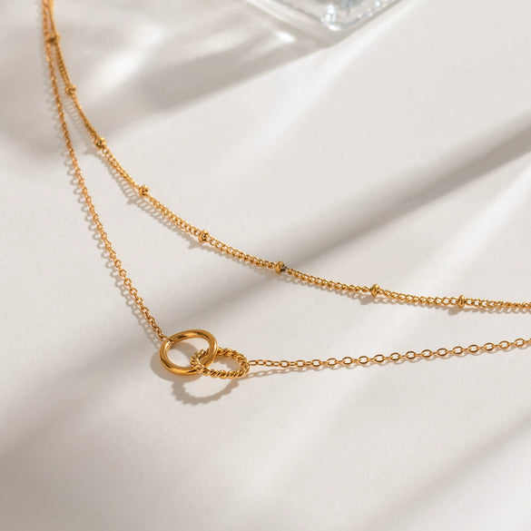 Stainless Steel Ringlinked Doublelayer Niche Design Sense Titanium Steel Necklace With Geometric Pattern Electroplated