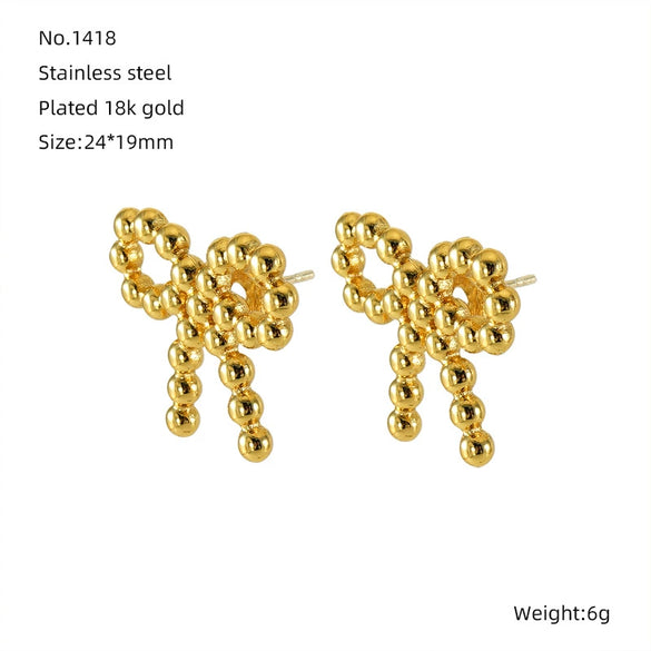 Stainless Steel Round Bead Bow Earrings Jewelry For Women With Electroplating