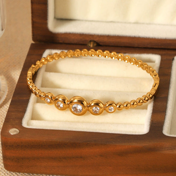 Stainless Steel Round Bead Bracelet For Women Highend Zircon Inlaid 18K Goldplated Geometric Ins Style