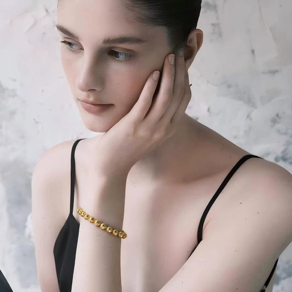 Stainless Steel Round Bead Bracelet For Women Light Luxury Geometric Style 18K Goldplated Electroplated Diamondencrusted Zircon