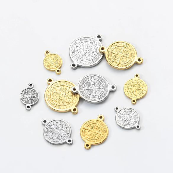 Stainless Steel Round Cross Double Hole Oil Pressure Diy Pendant For Bracelet Necklace Accessories Electroplated