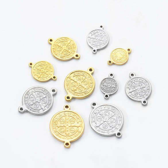 Stainless Steel Round Cross Double Hole Oil Pressure Diy Pendant For Bracelet Necklace Accessories Electroplated