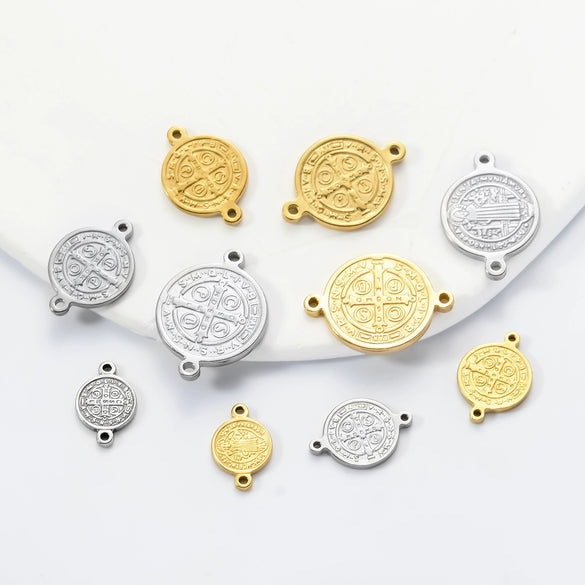 Stainless Steel Round Cross Double Hole Oil Pressure Diy Pendant For Bracelet Necklace Accessories Electroplated
