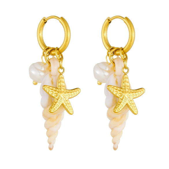 Stainless Steel Round Earrings With Seaside Vacation Style Contrasting Color Conch Starfish Pearl Pendant And Star Pattern