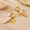 Stainless Steel Round Earrings With Seaside Vacation Style Contrasting Color Conch Starfish Pearl Pendant And Star Pattern