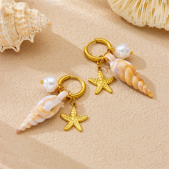 Stainless Steel Round Earrings With Seaside Vacation Style Contrasting Color Conch Starfish Pearl Pendant And Star Pattern