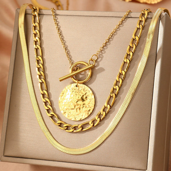 Stainless Steel Round Geometric Pendant Necklace With Oshaped Chain And Electroplated Finish Fashion Jewelry For Men And Women