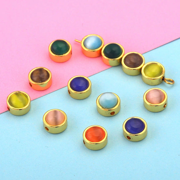 Stainless Steel Round Loose Beads Diy Jewelry Accessories With Cat's Eye Stone And Electroplating Treatment