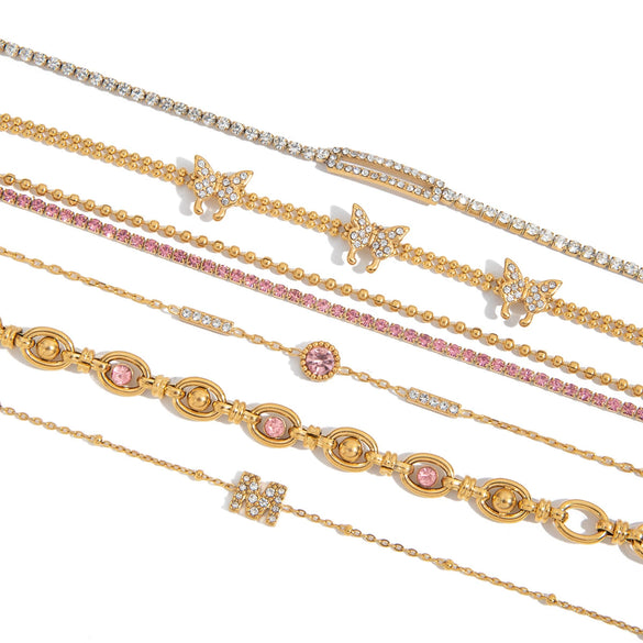 Stainless Steel Round Pink Zirconium Women's Bracelet With Electroplating Geometric Design
