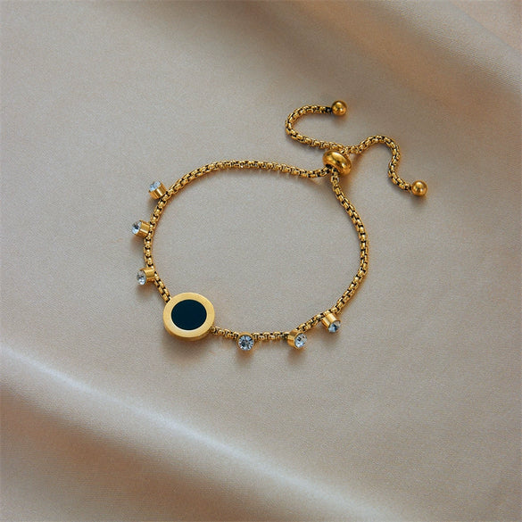 Stainless Steel Round Plate Diamond Chain Pullout Electroplated Women's Bracelet