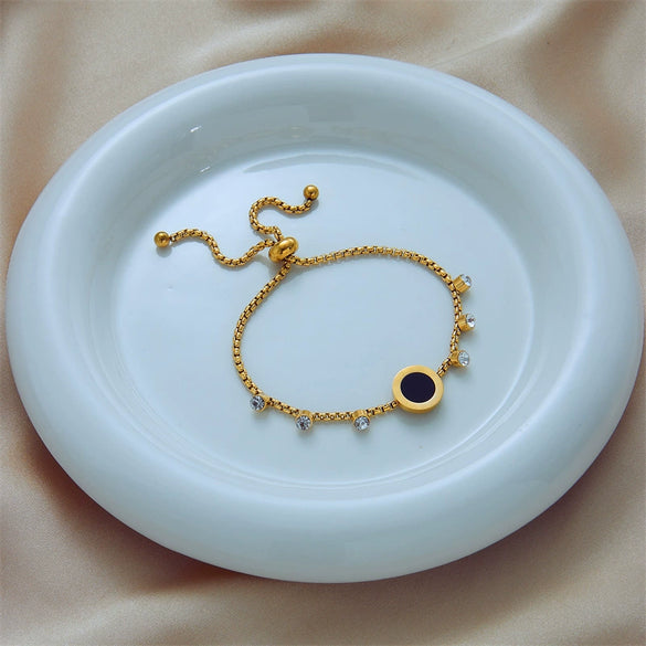 Stainless Steel Round Plate Diamond Chain Pullout Electroplated Women's Bracelet