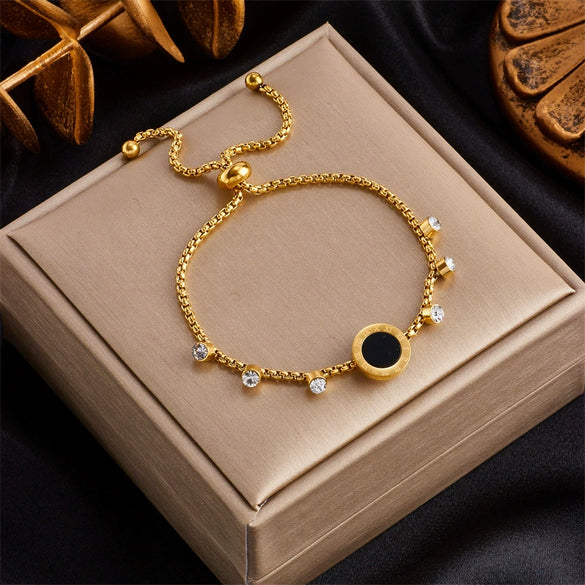 Stainless Steel Round Plate Diamond Chain Pullout Electroplated Women's Bracelet
