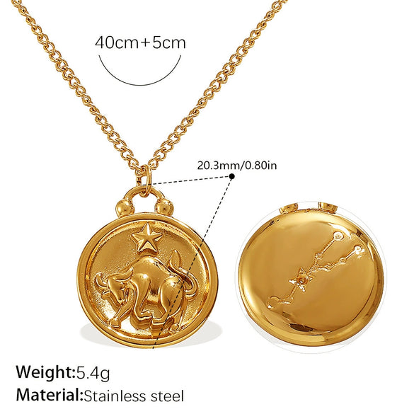 316L Stainless Steel Round Plate Twelve Constellation Pattern Pendant Necklace For Women Electroplated