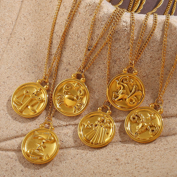 316L Stainless Steel Round Plate Twelve Constellation Pattern Pendant Necklace For Women Electroplated