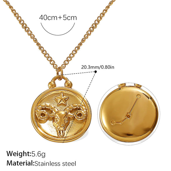 316L Stainless Steel Round Plate Twelve Constellation Pattern Pendant Necklace For Women Electroplated