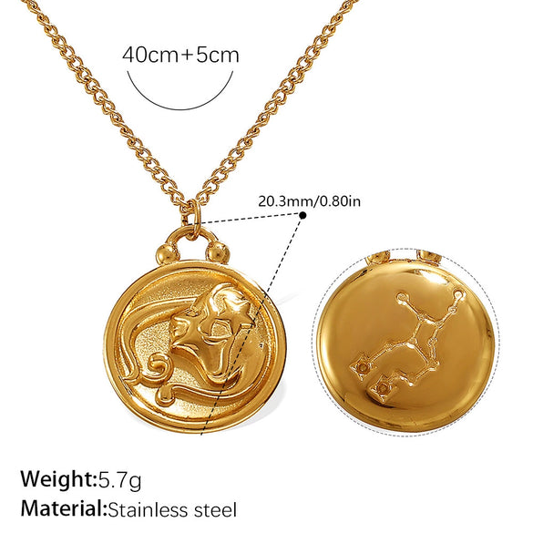 316L Stainless Steel Round Plate Twelve Constellation Pattern Pendant Necklace For Women Electroplated