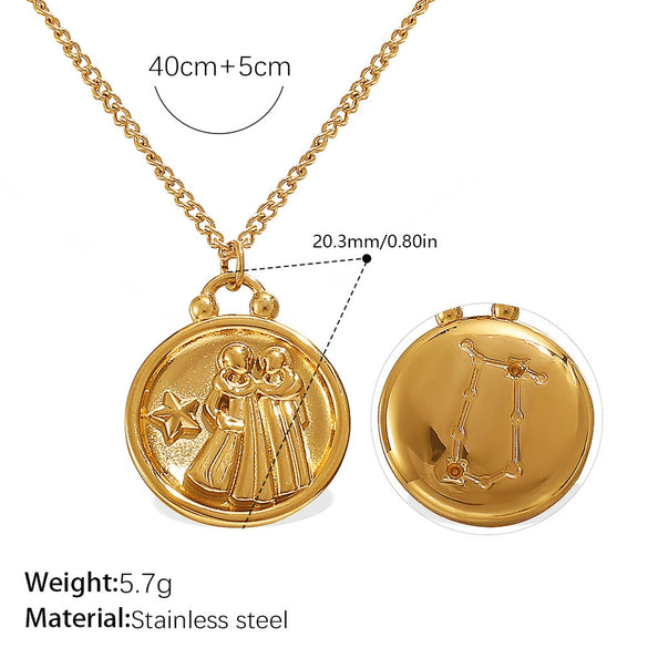 316L Stainless Steel Round Plate Twelve Constellation Pattern Pendant Necklace For Women Electroplated