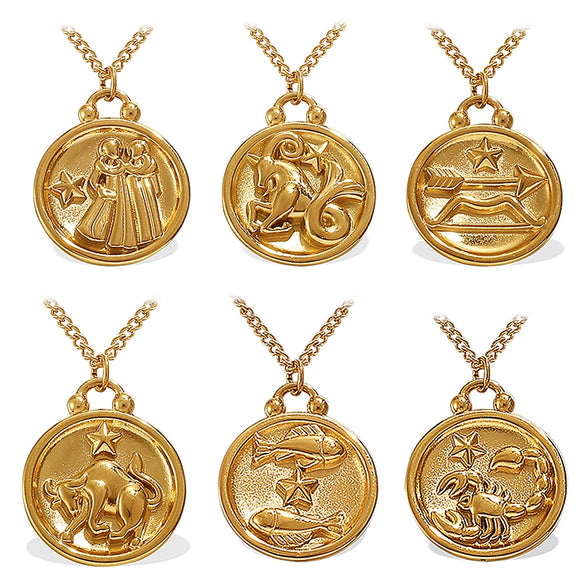 316L Stainless Steel Round Plate Twelve Constellation Pattern Pendant Necklace For Women Electroplated