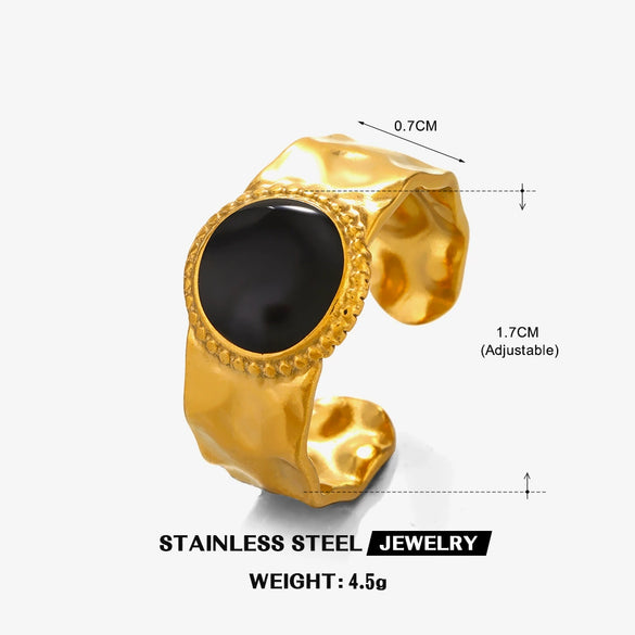 Stainless Steel Round Women's Retro Geometric Hammer Pattern Open Oil Drop Ring 18K Gold Plated