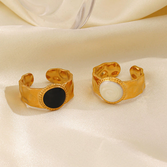 Stainless Steel Round Women's Retro Geometric Hammer Pattern Open Oil Drop Ring 18K Gold Plated