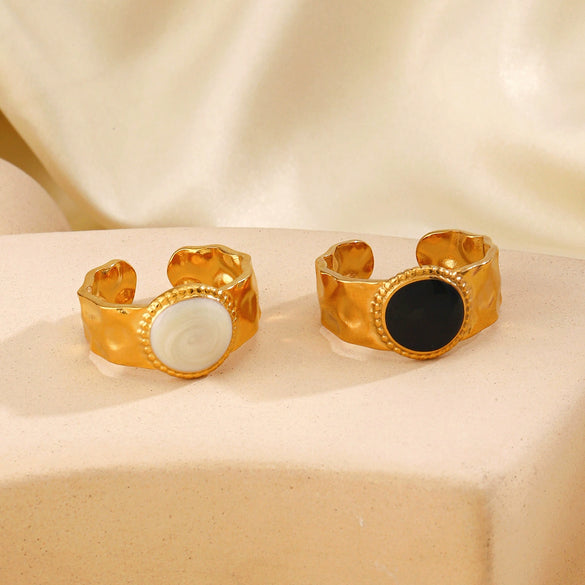 Stainless Steel Round Women's Retro Geometric Hammer Pattern Open Oil Drop Ring 18K Gold Plated