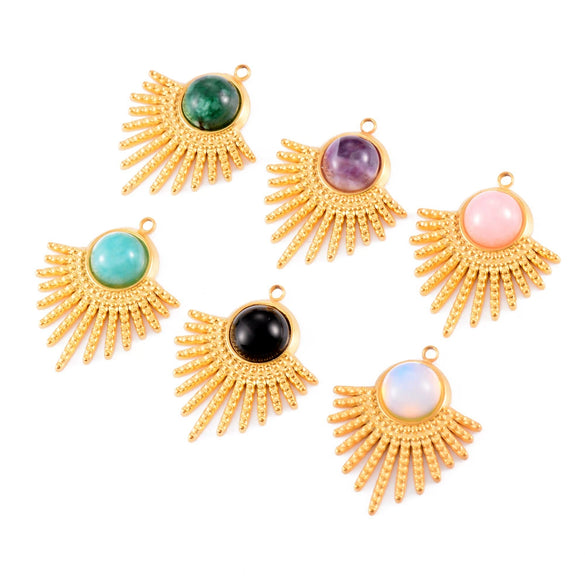 Stainless Steel Sector Pendant Accessories Inlaid Natural Stone Electroplated Radiant Sun Earrings Necklace Diy