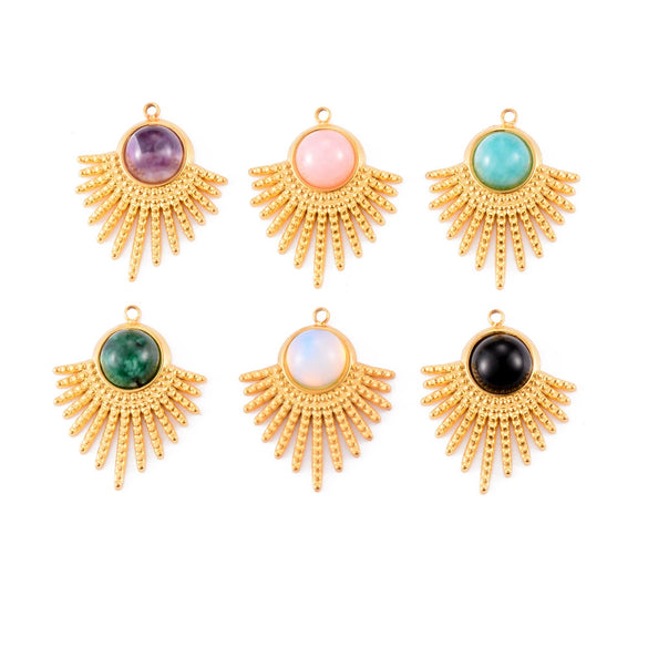 Stainless Steel Sector Pendant Accessories Inlaid Natural Stone Electroplated Radiant Sun Earrings Necklace Diy