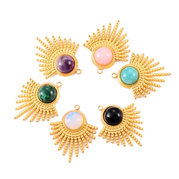 Stainless Steel Sector Pendant Accessories Inlaid Natural Stone Electroplated Radiant Sun Earrings Necklace Diy