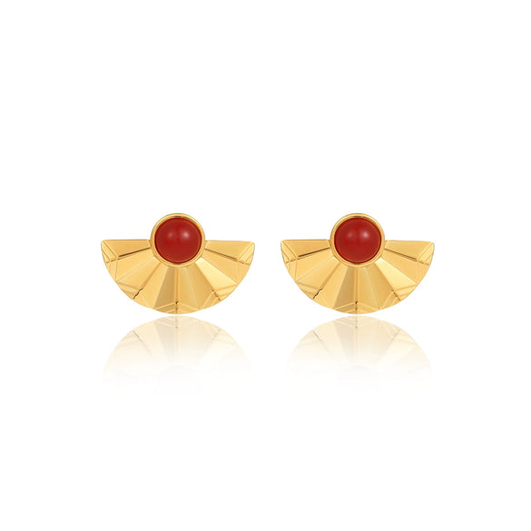 Stainless Steel Semicircular Fanshaped Inlaid Natural Stone Titanium Steel Stud Earrings For Women Light Luxury Style Electroplated