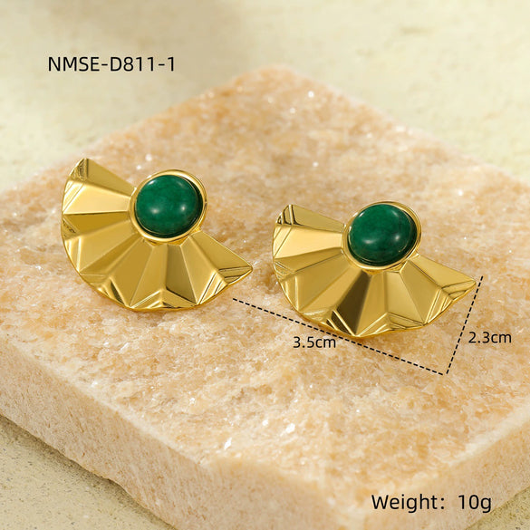 Stainless Steel Semicircular Fanshaped Inlaid Natural Stone Titanium Steel Stud Earrings For Women Light Luxury Style Electroplated