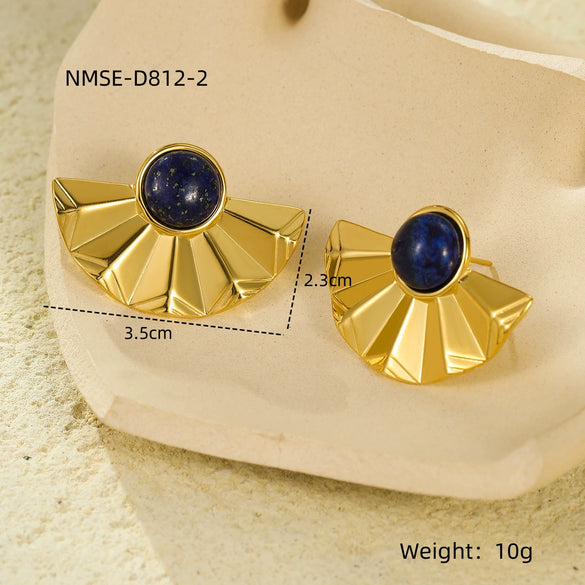 Stainless Steel Semicircular Fanshaped Inlaid Natural Stone Titanium Steel Stud Earrings For Women Light Luxury Style Electroplated