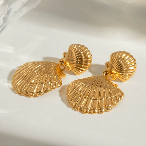 Stainless Steel Shell Earrings Natural Style Electroplated For Women