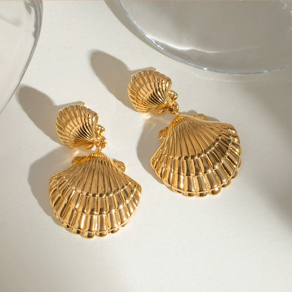 Stainless Steel Shell Earrings Natural Style Electroplated For Women