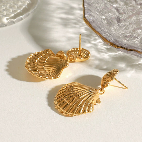 Stainless Steel Shell Earrings Natural Style Electroplated For Women